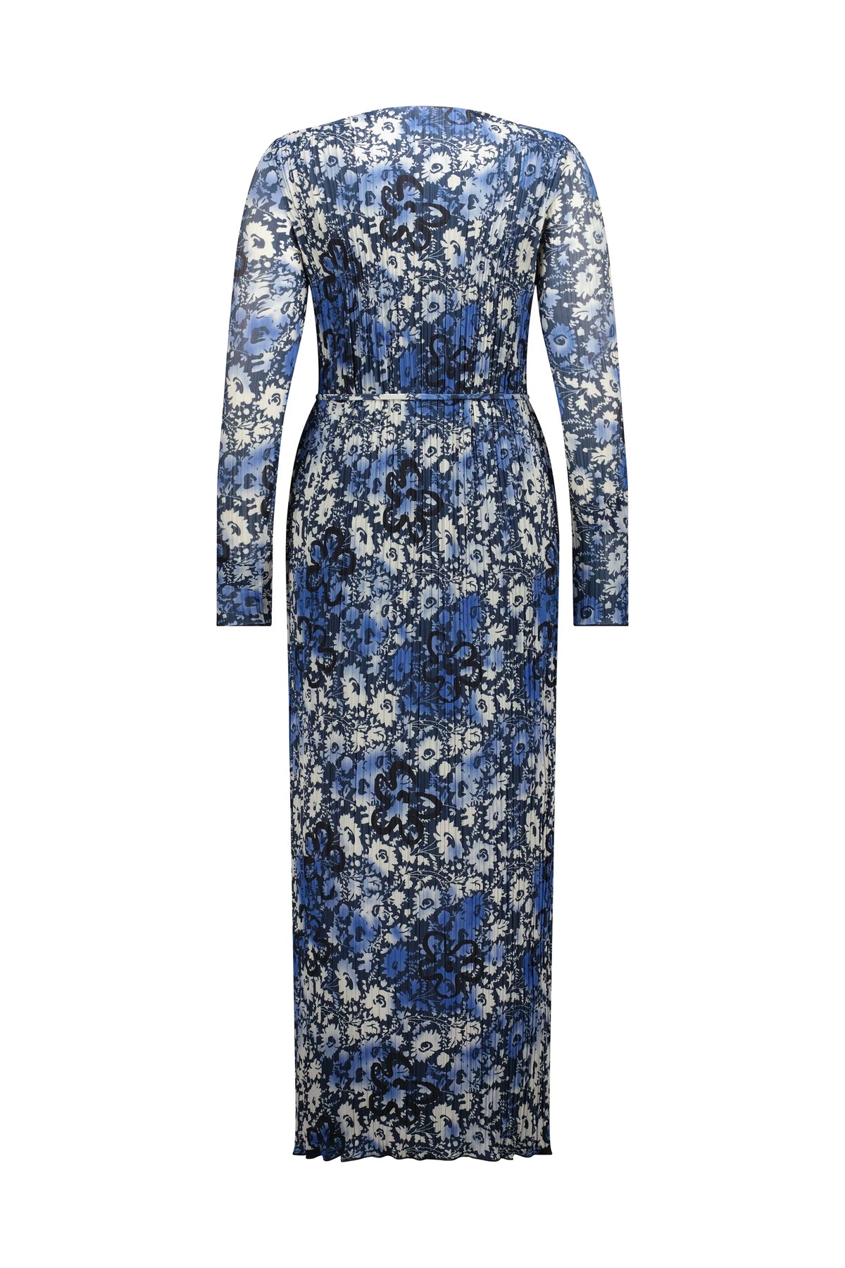 Back view of a long-sleeve blue floral print dress with a fitted waist and pleated skirt