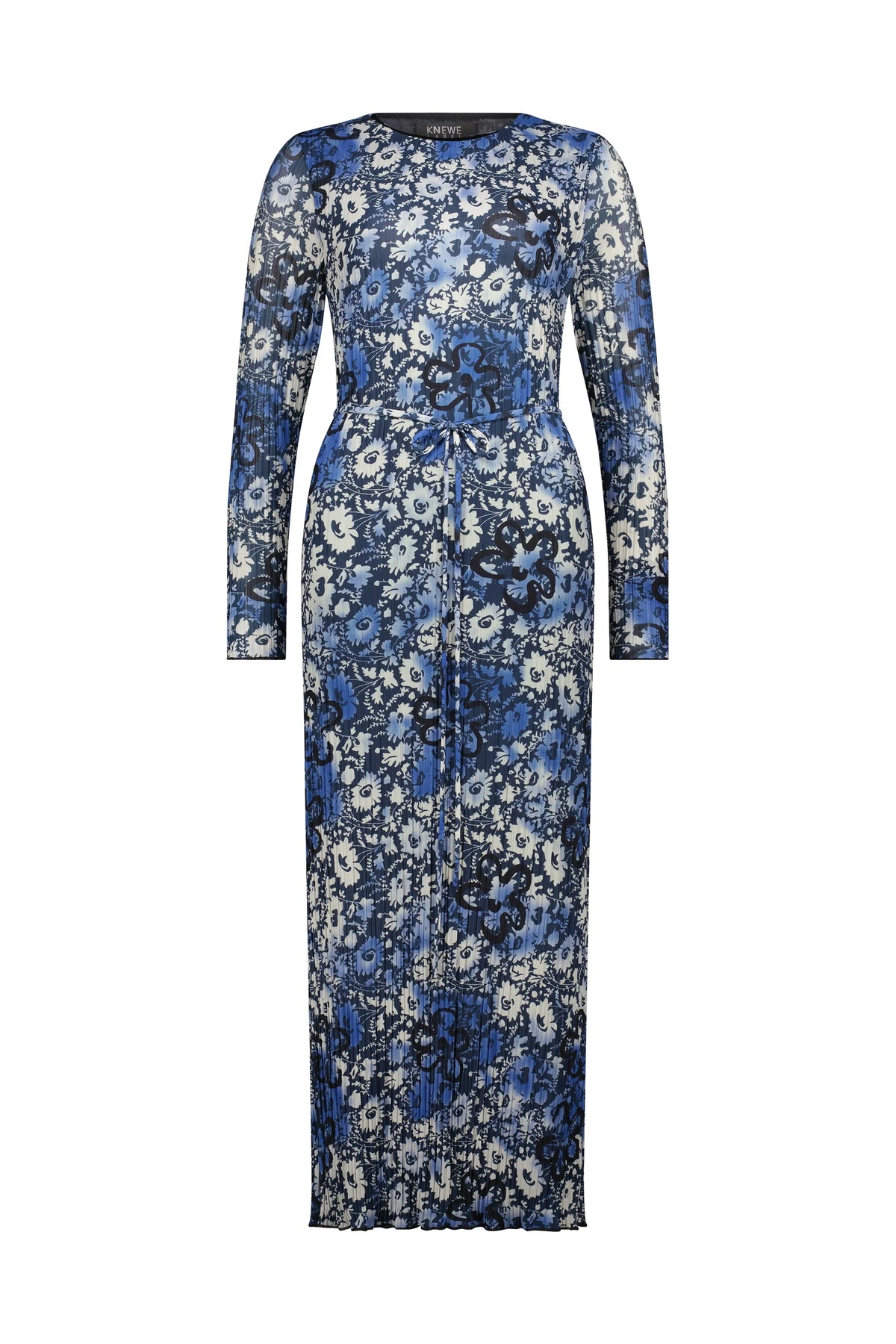 Long sleeve blue floral print maxi dress with tie-waist, front view on white background