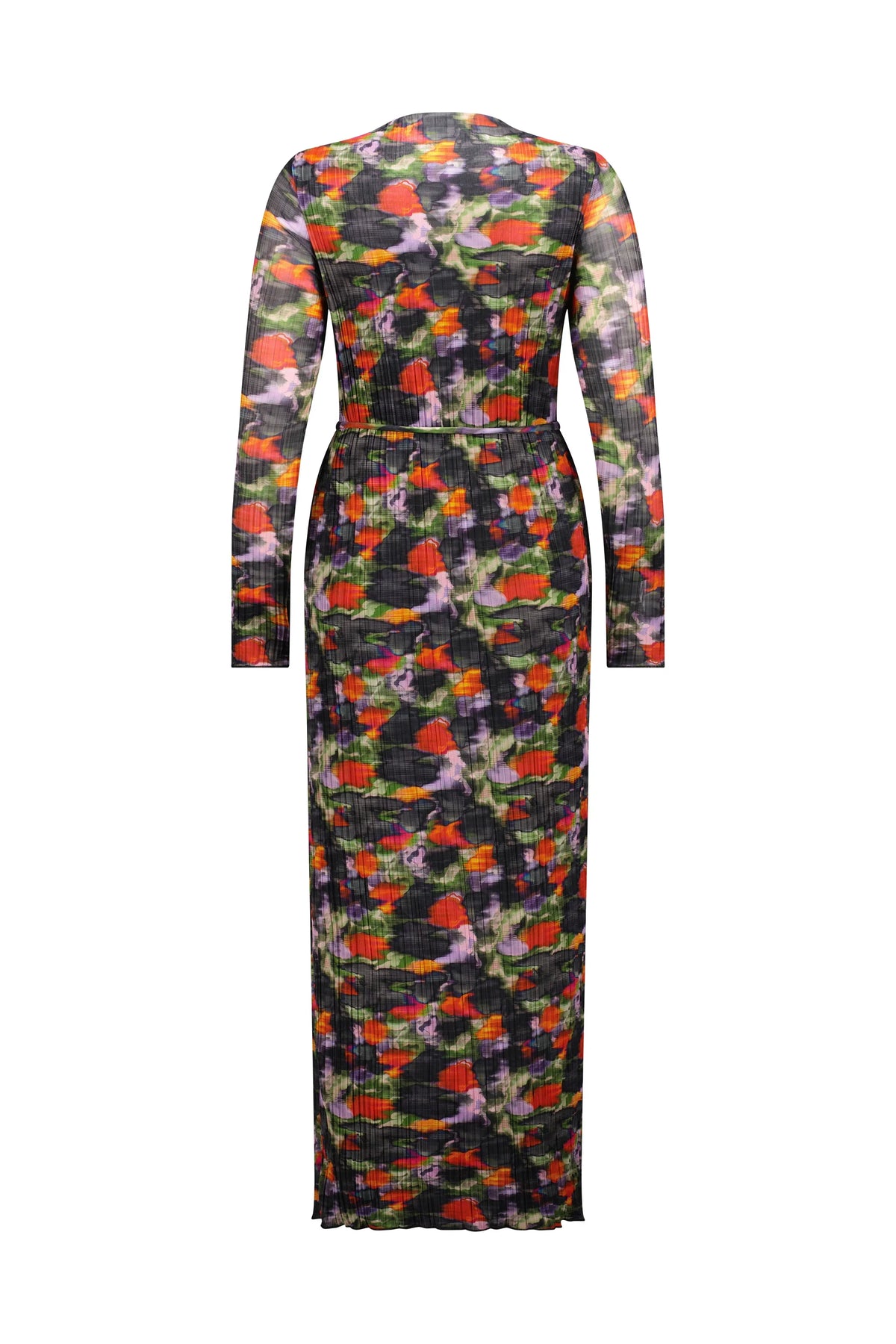 Back view of a long-sleeve, floral print maxi dress with multicolor abstract pattern
