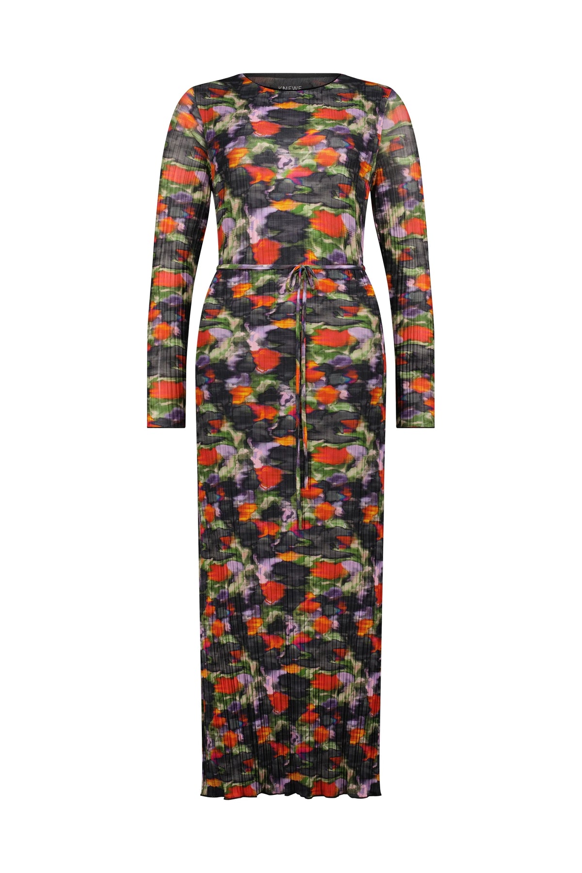 Long sleeve floral print maxi dress with tie waist, pleated texture, and colorful abstract pattern