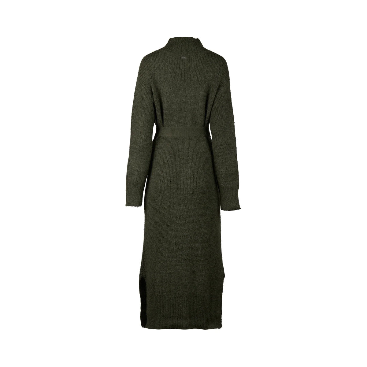 Back view of long dark green knit dress with long sleeves and waist tie, side slit