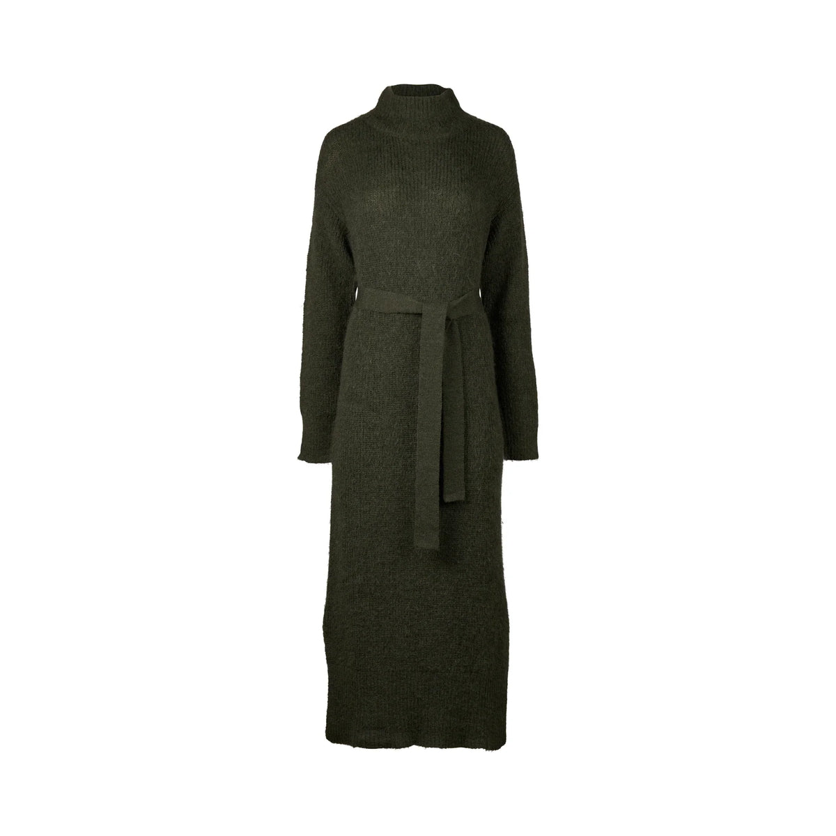 Hunter green long sleeve knit sweater dress with waist tie and mock neck on white background
