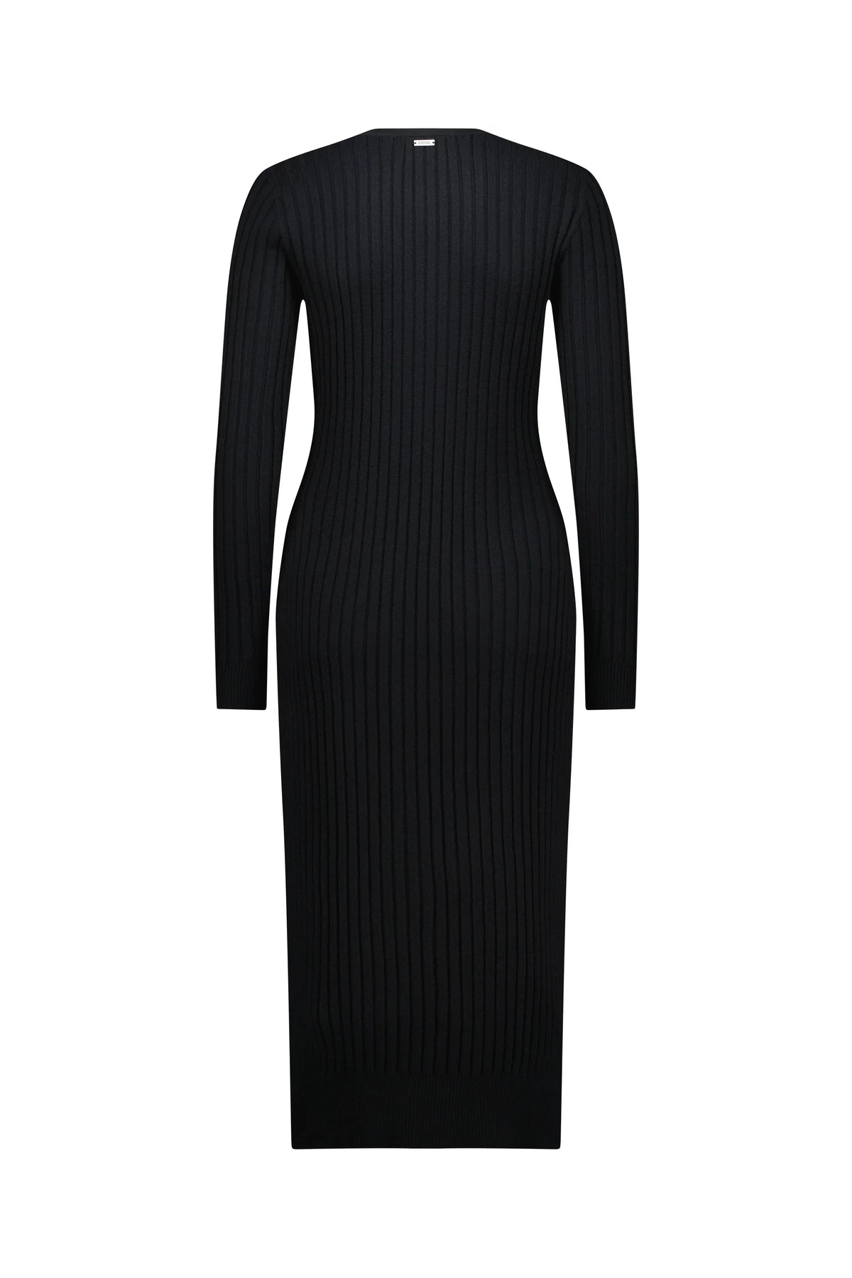 Back view of a black ribbed knit long sleeve midi dress on white background
