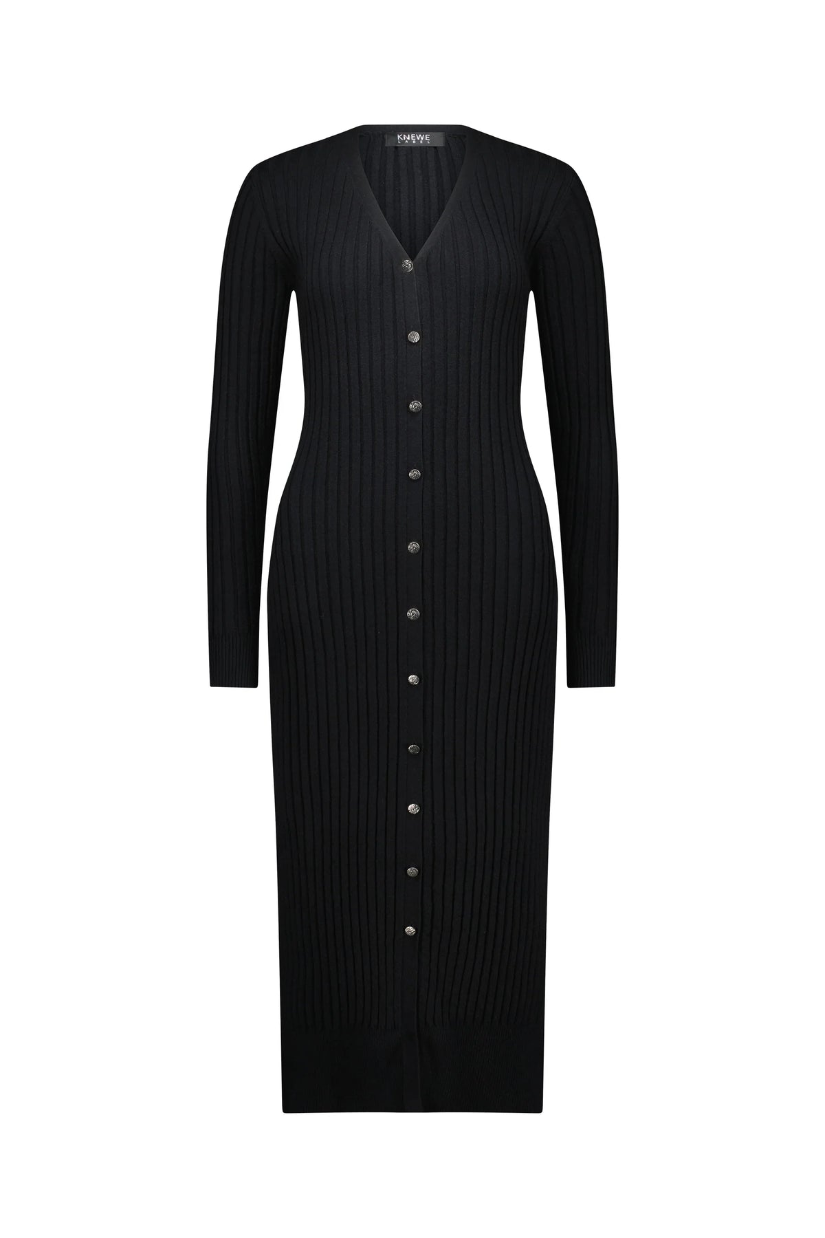 Black ribbed knit long sleeve button front dress with V-neck, full length, on white background