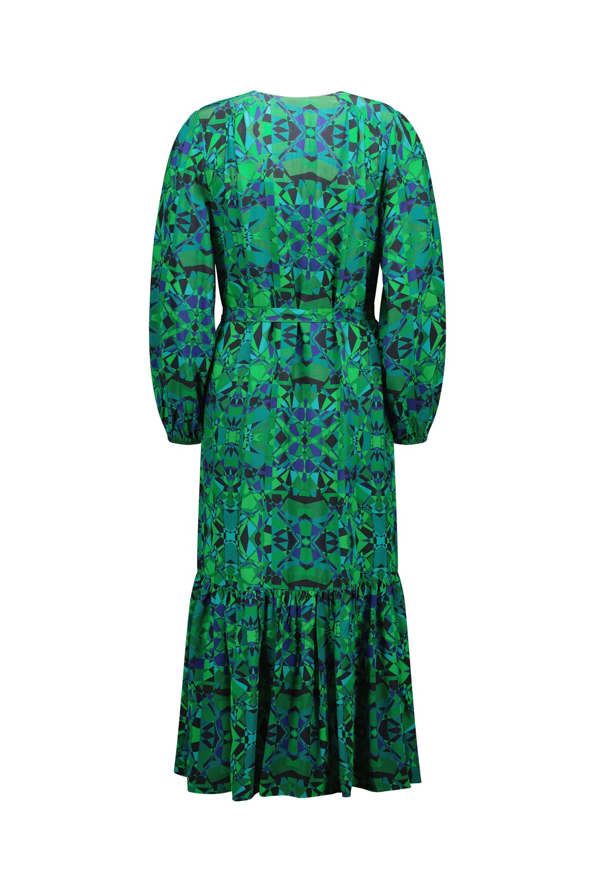 Back view of a long-sleeve green and blue geometric print midi dress with ruffle hem