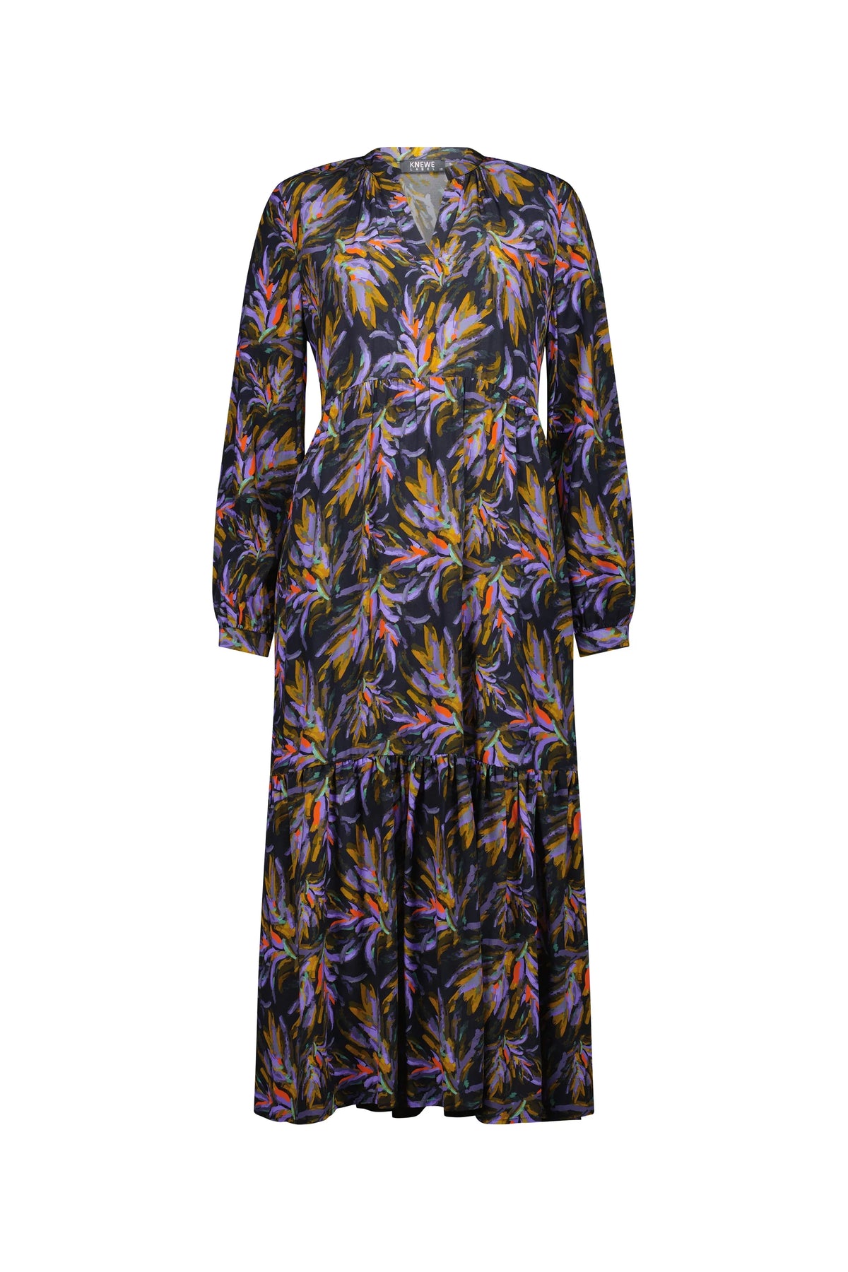 Long sleeve floral print midi dress with tiered skirt, featuring purple and orange patterns.