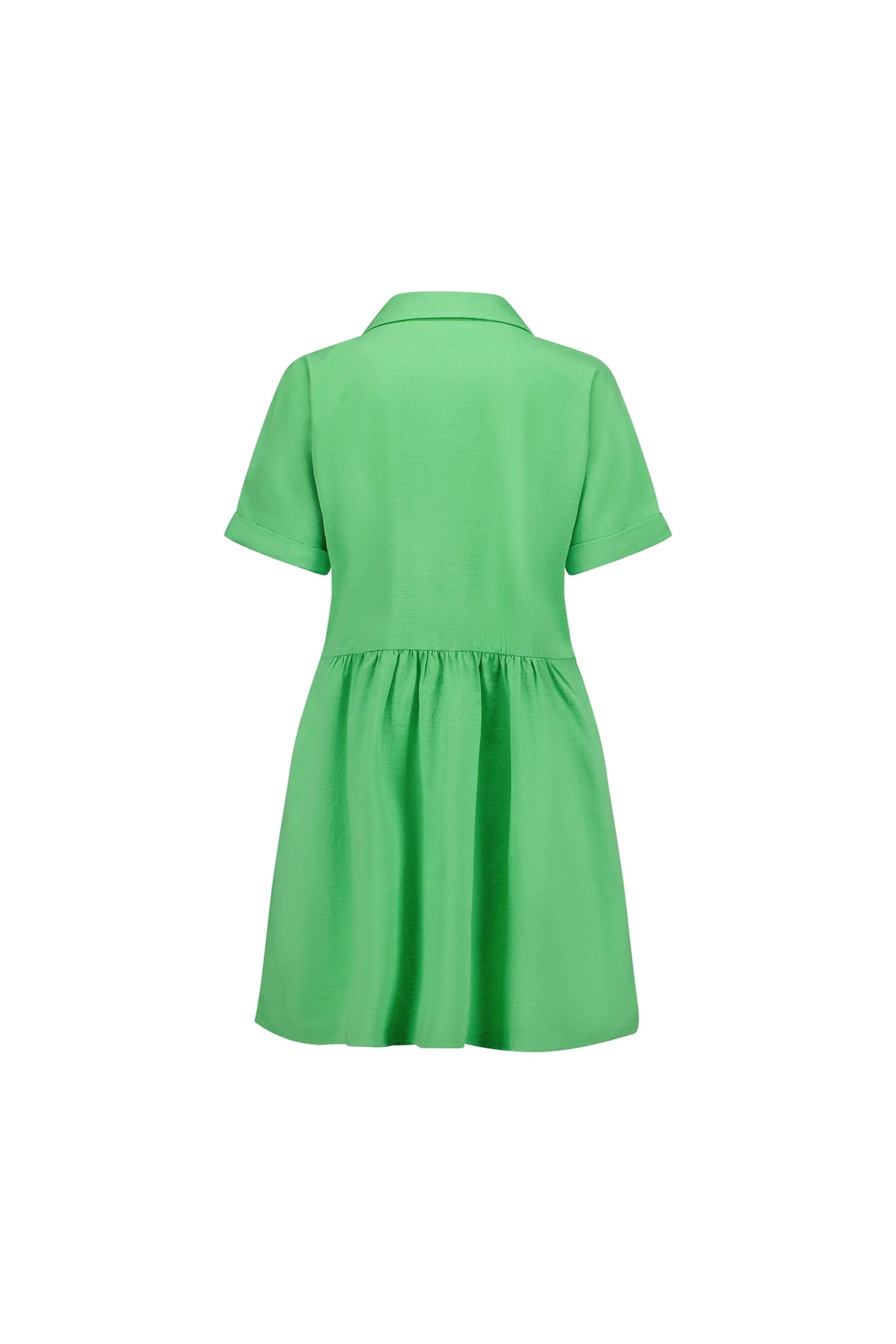 Back view of short sleeve green cocoon dress with collar and gathered waist