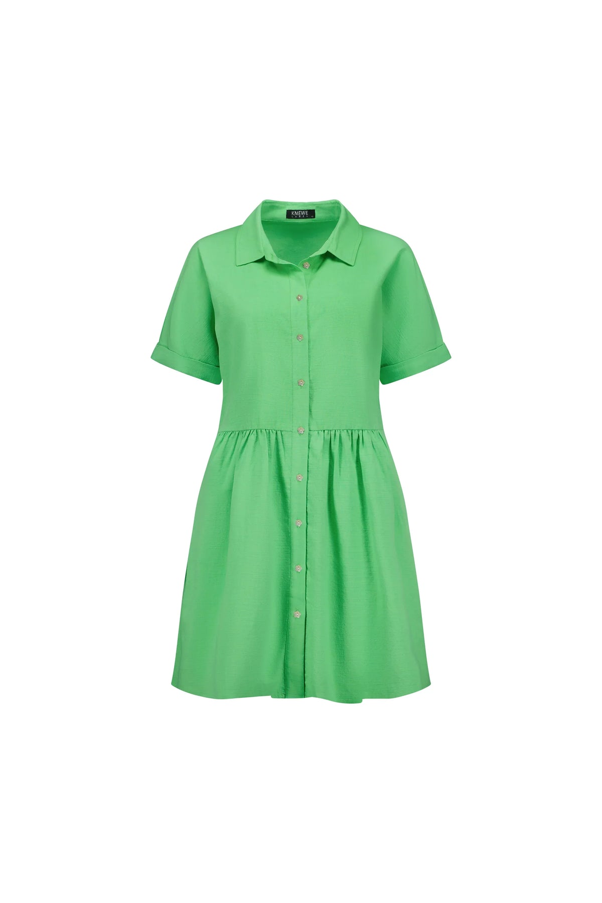 Bright green short sleeve button-front dress with collar, relaxed fit, isolated on white background