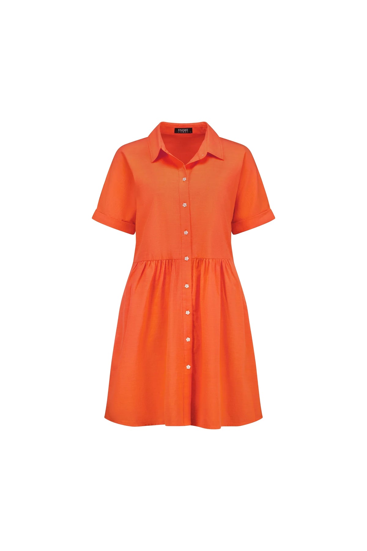Short-sleeve orange shirt dress with buttons, collared neckline, and flared skirt on white background.