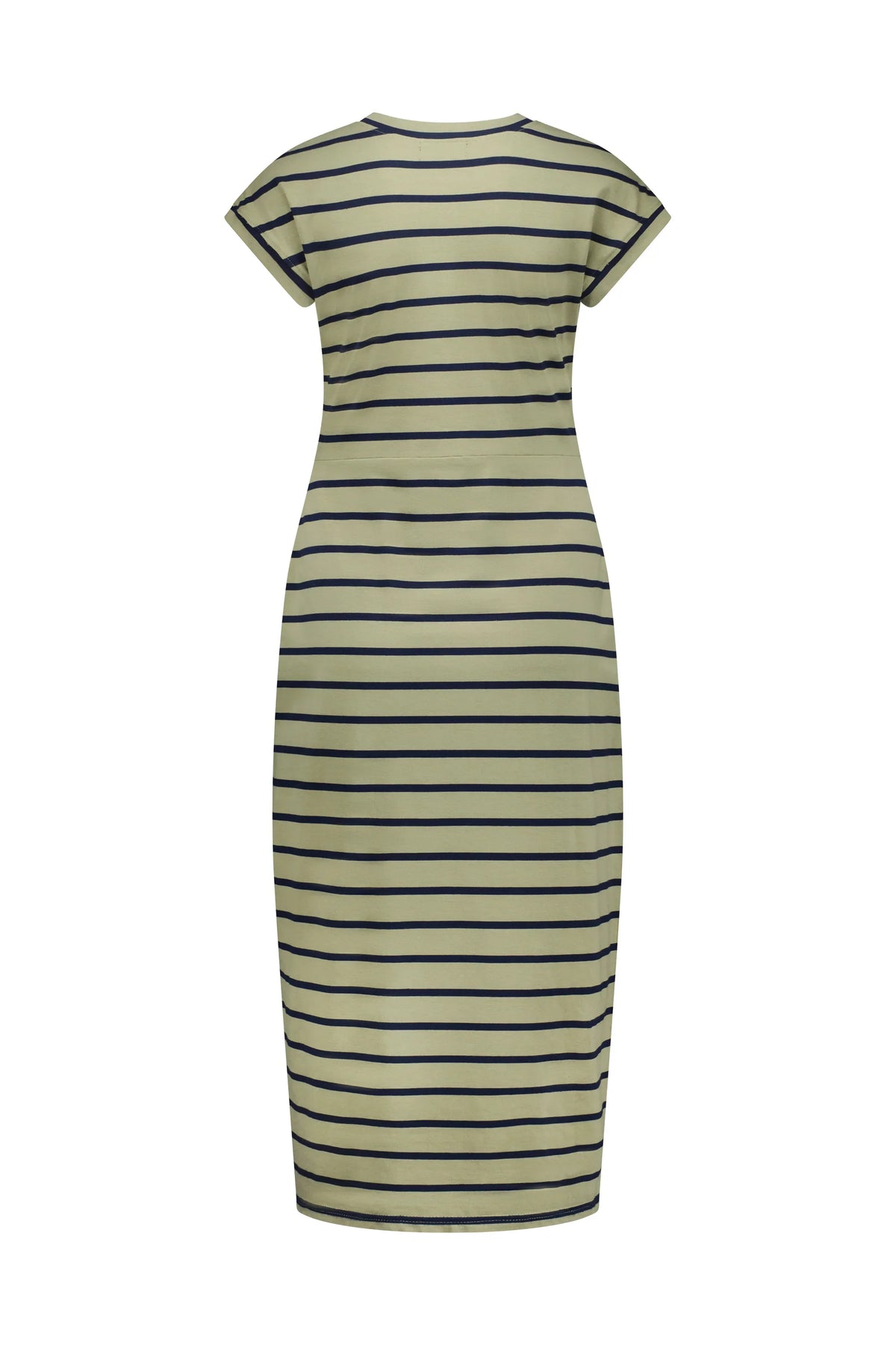Back view of khaki stripe midi dress with short sleeves and horizontal stripes