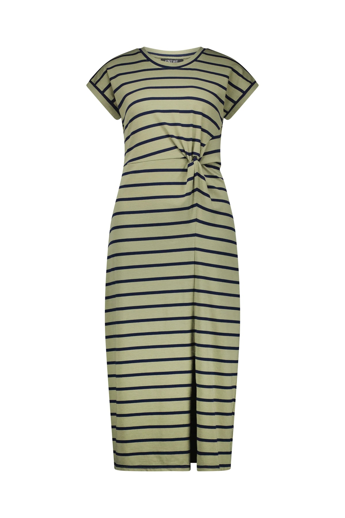 Khaki stripe short sleeve midi dress with front knot detail and round neckline