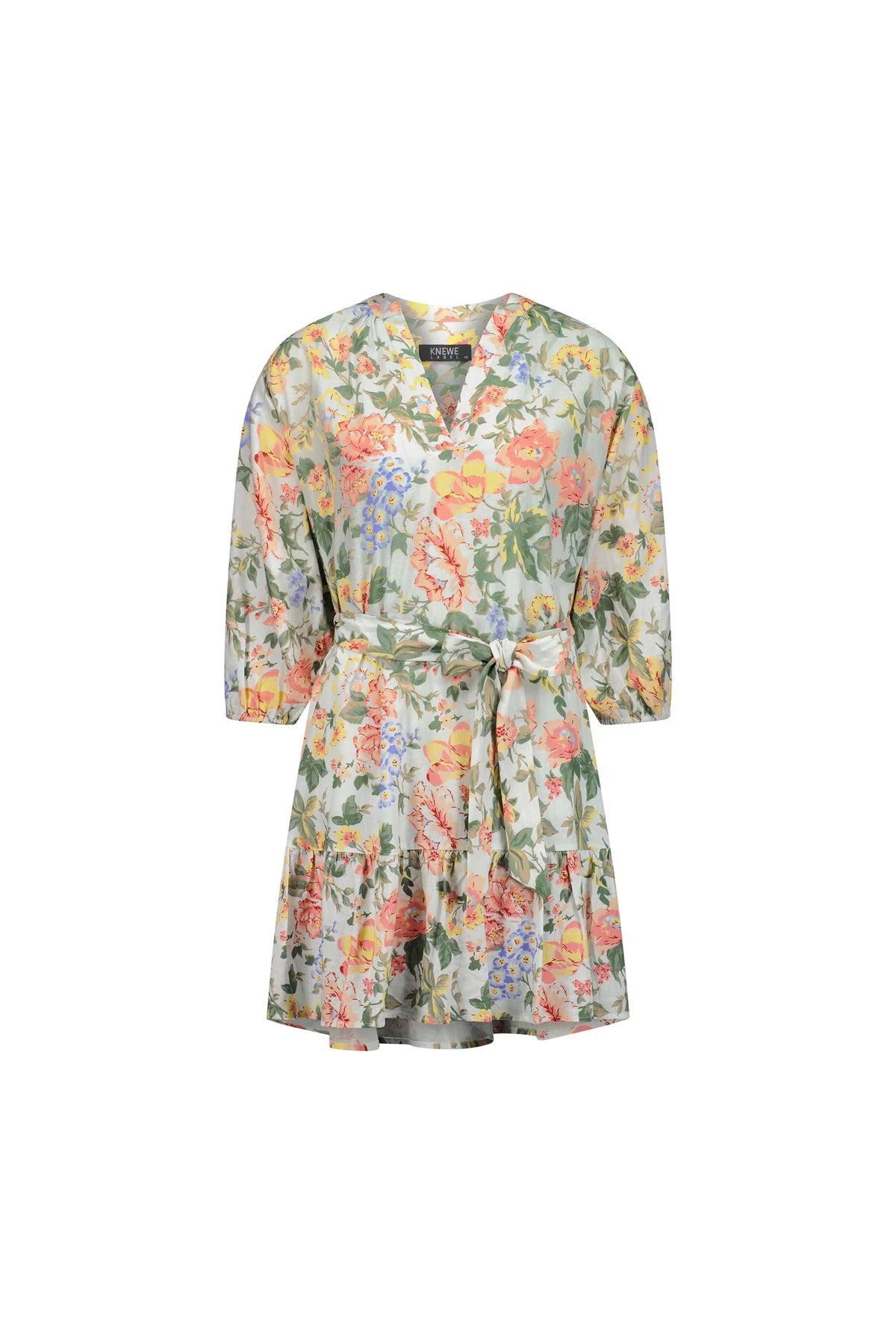 Floral print knee-length dress with tie waist and v-neck, three-quarter sleeves