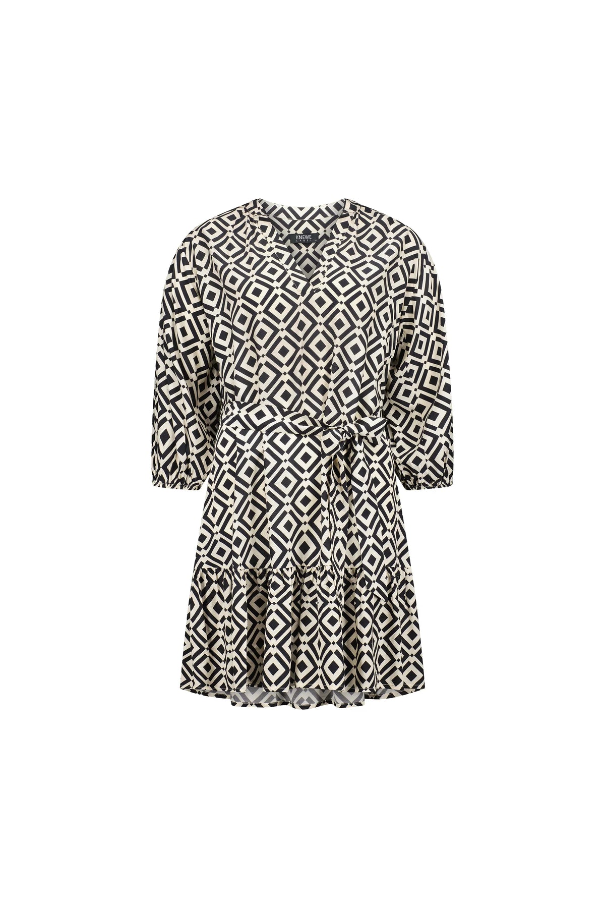 Black and white geometric print short dress with half sleeves and tiered skirt