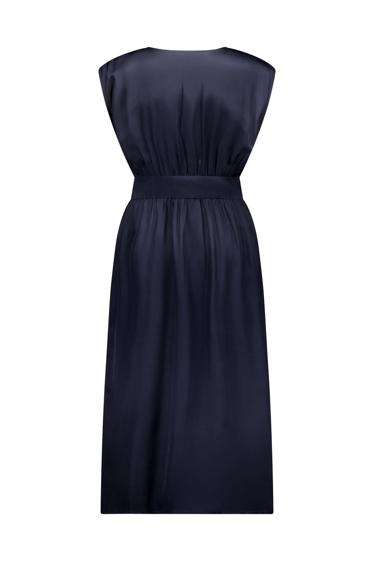 Back view of sleeveless dark navy midi dress with gathered waist and silky texture