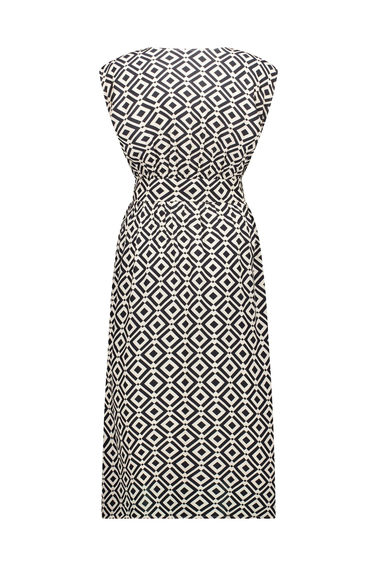 Back view of black and white geometric print midi dress with sleeveless design