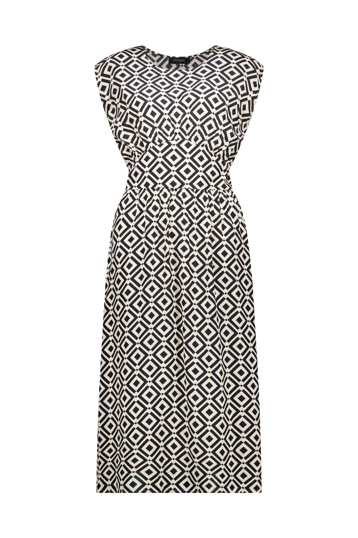 Sleeveless black and white geometric print midi dress with gathered waist, front view