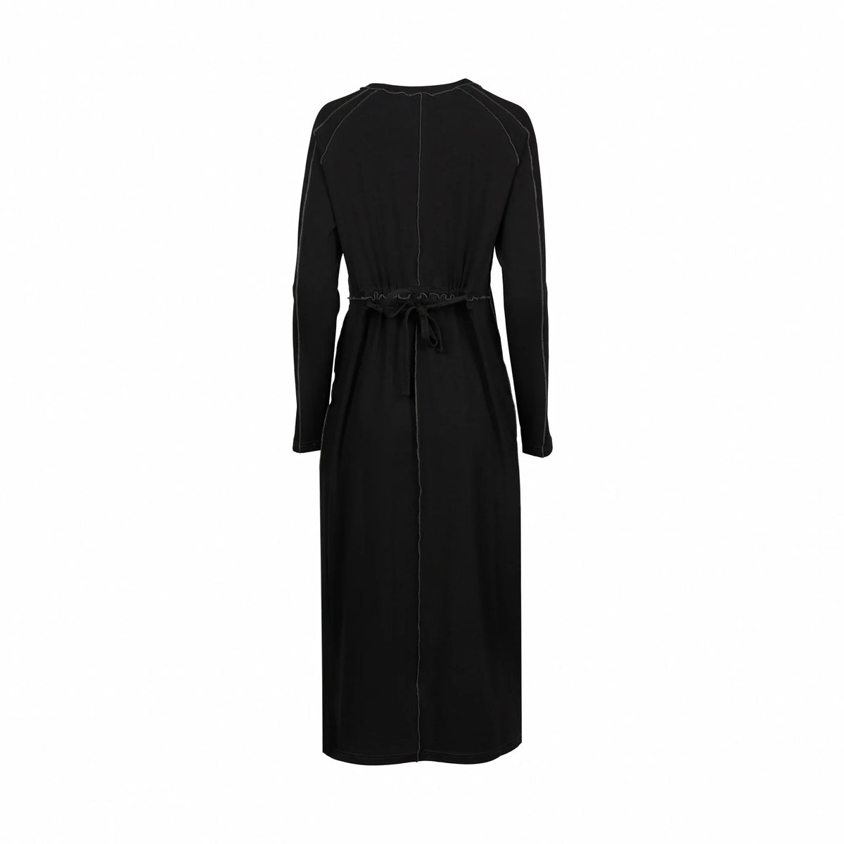 Back view of a black charcoal midi dress with long sleeves and waist tie detail