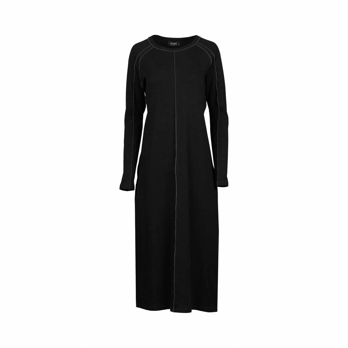 Black and charcoal long sleeve midi dress with visible front seam and contrast stitching