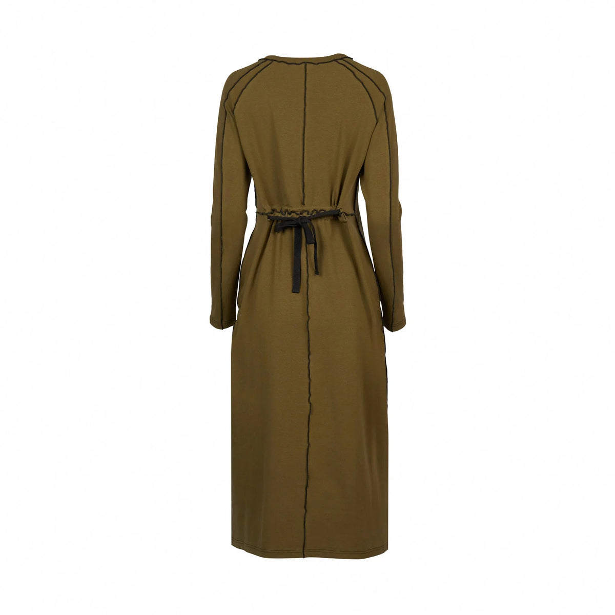 Back view of olive long sleeve midi dress with black waist tie and exposed seam detail