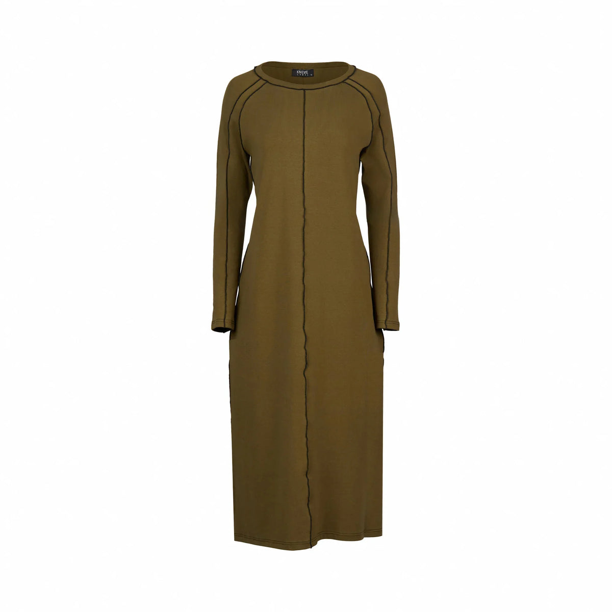 Olive green long sleeve midi dress with black seam details, contemporary style