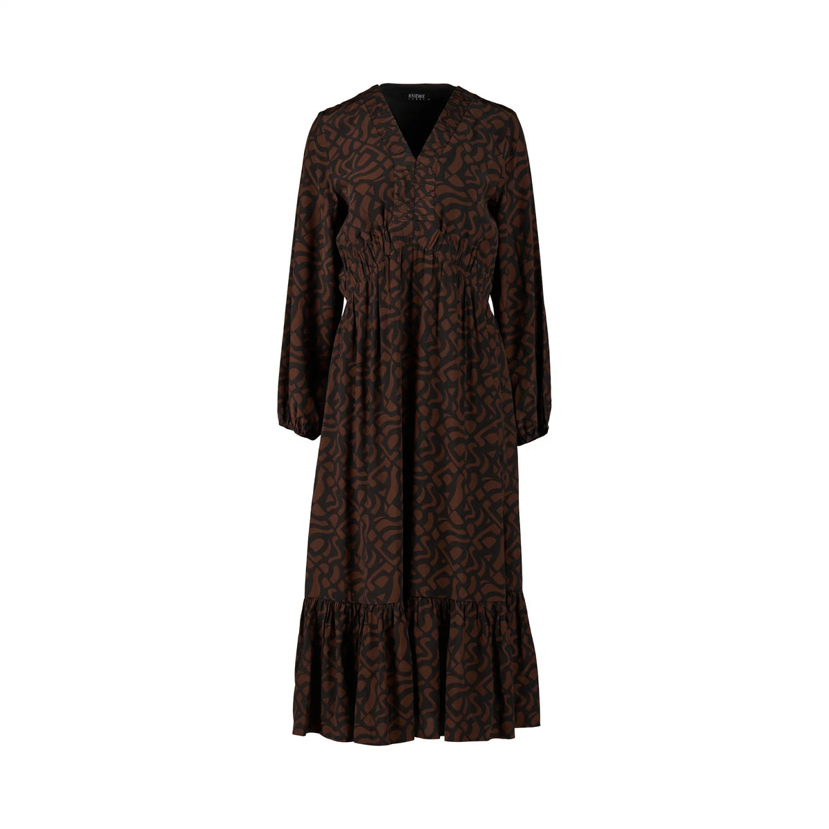 Long sleeve mocha midi dress with abstract brown print and gathered waist, on white background