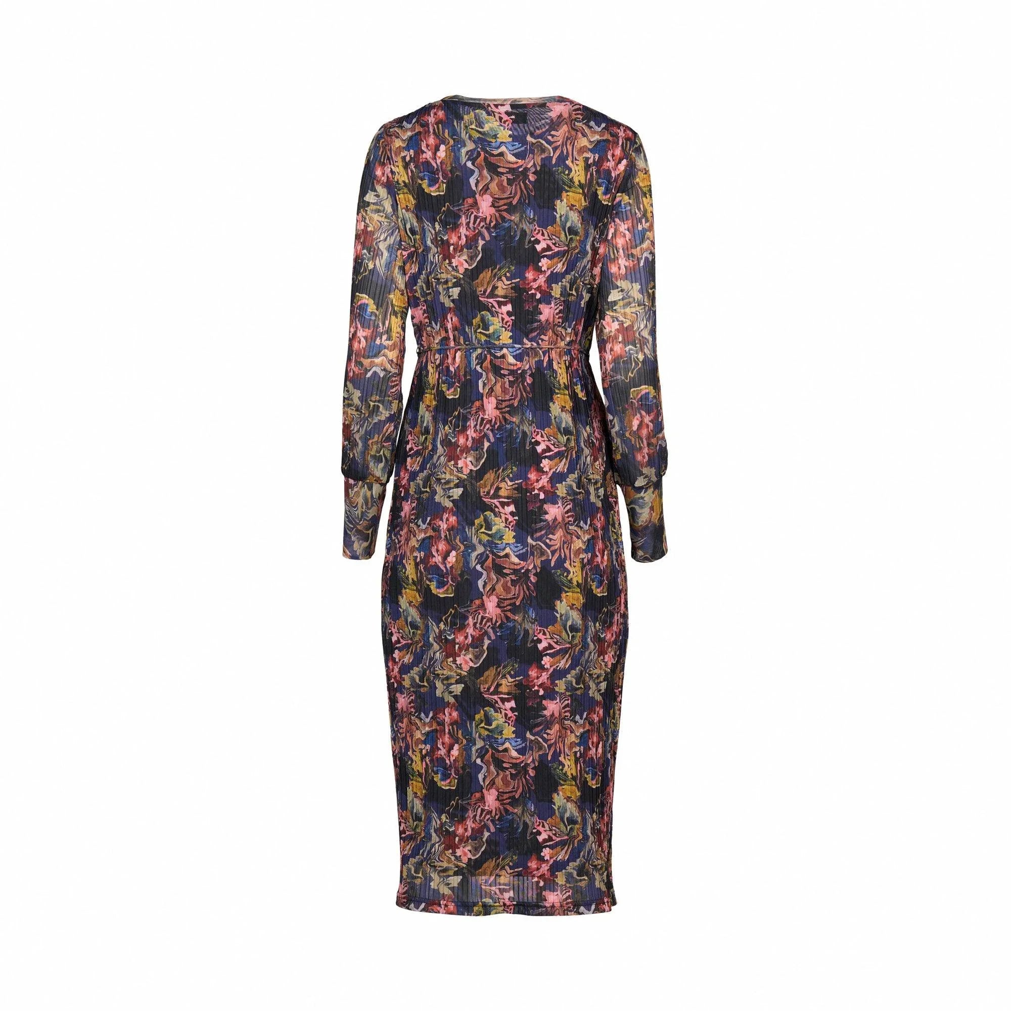 Back view of long-sleeve midi dress with colorful floral print on sheer fabric