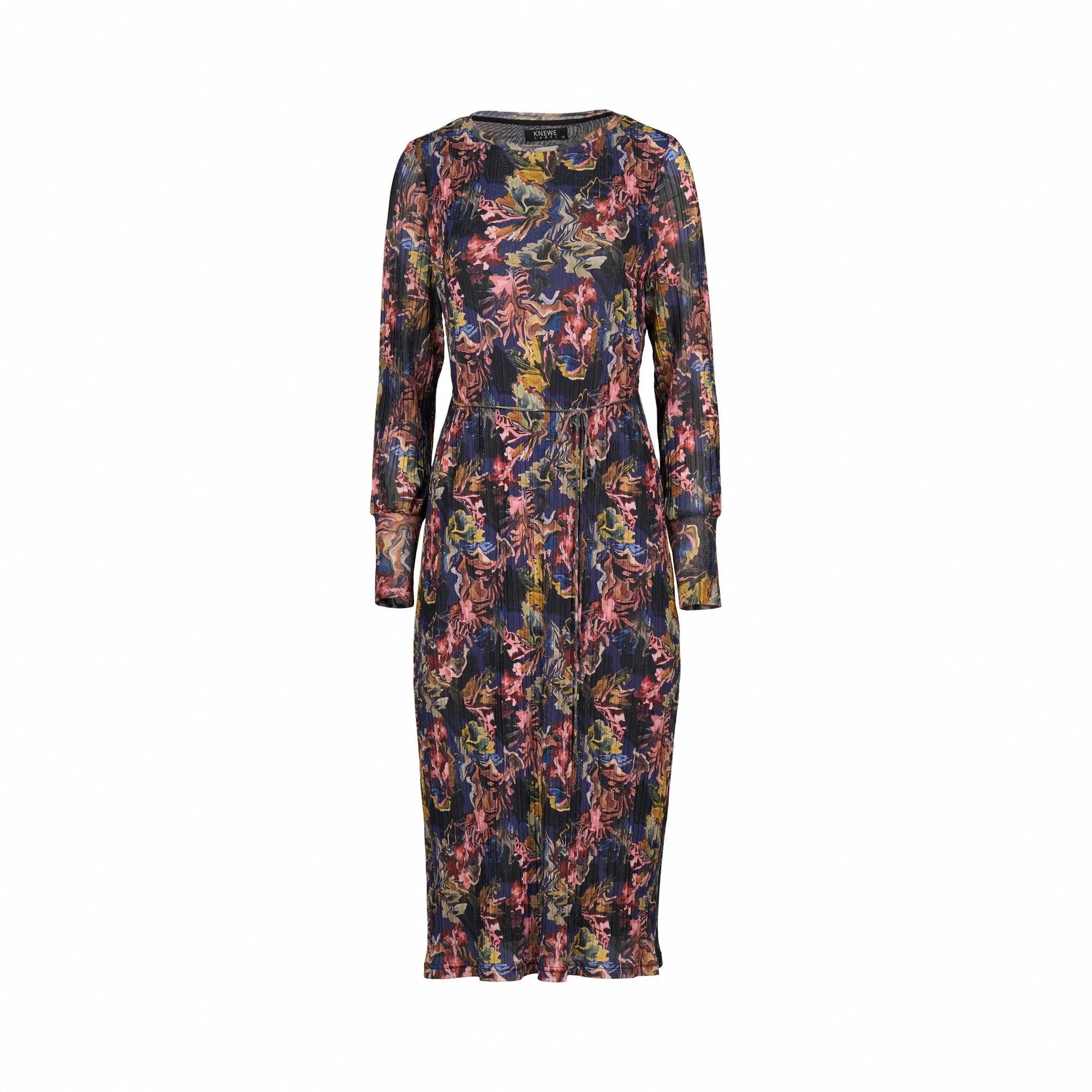 Long sleeve midi dress with colorful floral print and cinched waist on white background