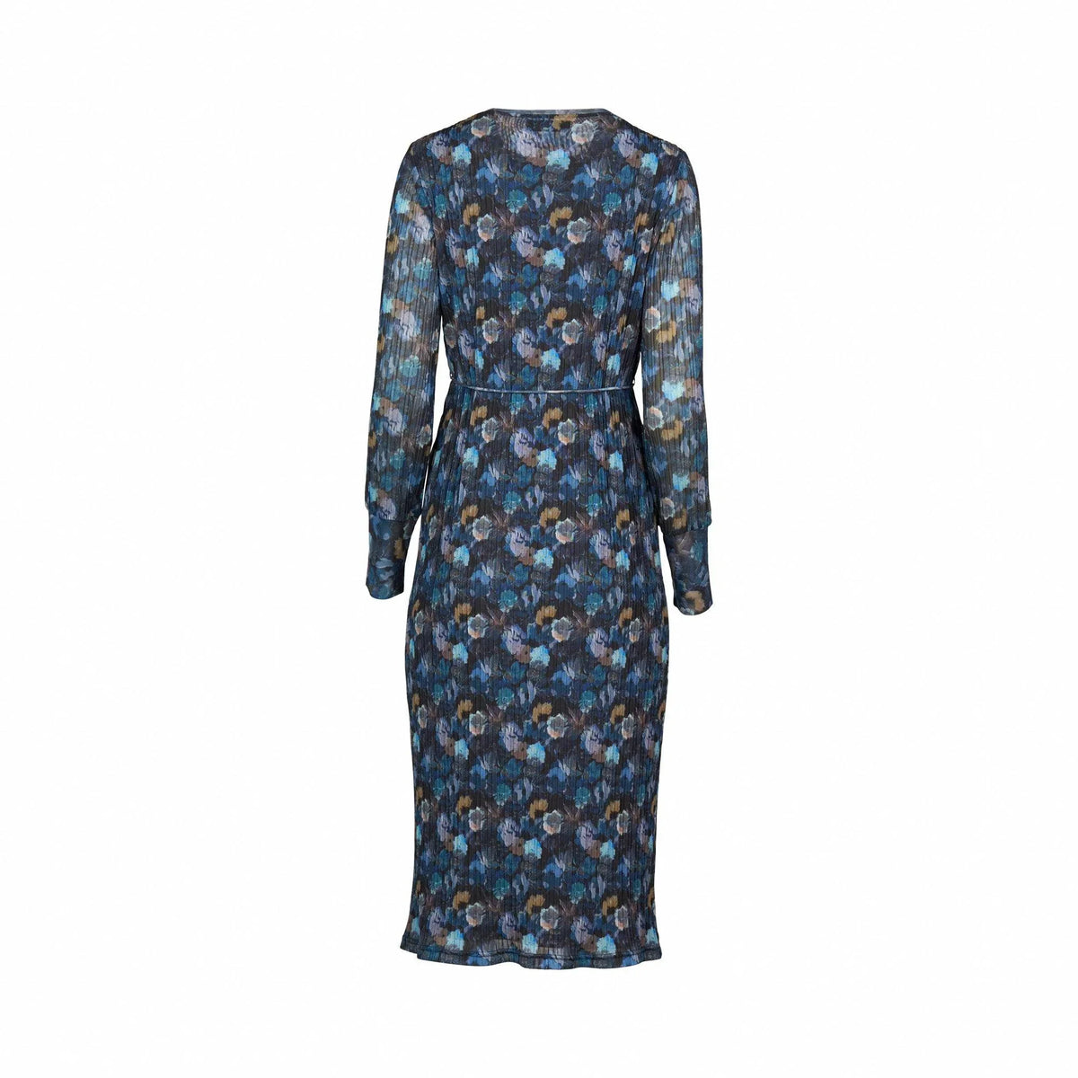 Back view of a long-sleeve floral midi dress in blue and brown abstract print