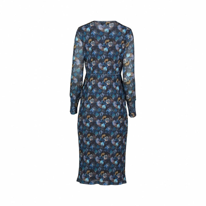 Back view of a long-sleeve floral midi dress in blue and brown abstract print