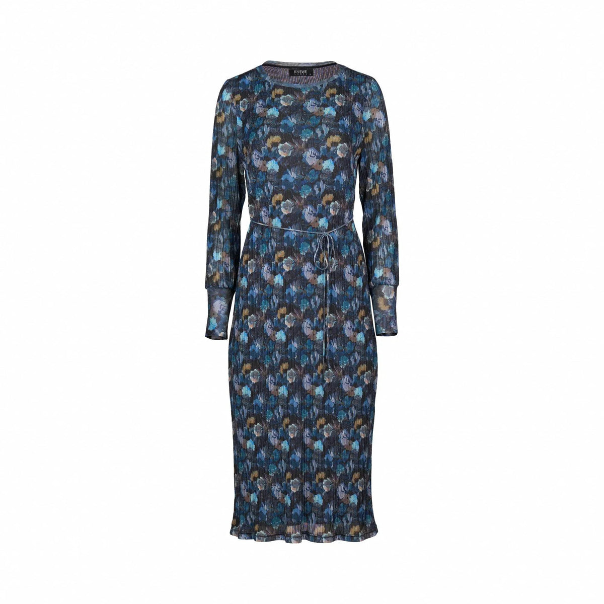 Long-sleeve midi dress with blue floral pattern and waist tie, front view on white background