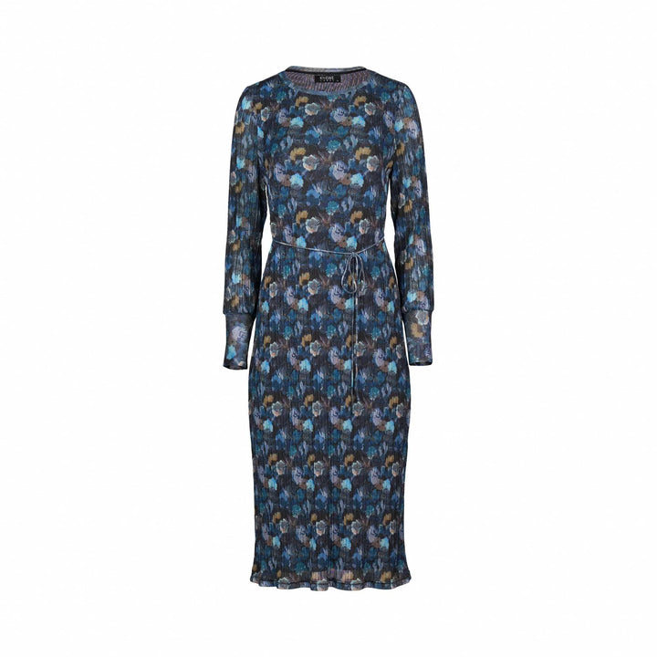 Long-sleeve midi dress with blue floral pattern and waist tie, front view on white background