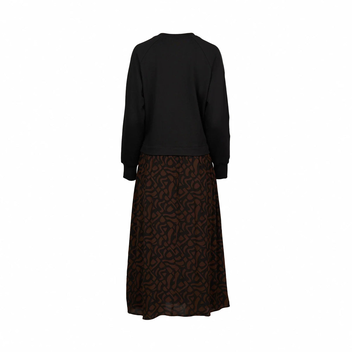 Back view of a long sleeve black top and mocha pattern midi skirt dress