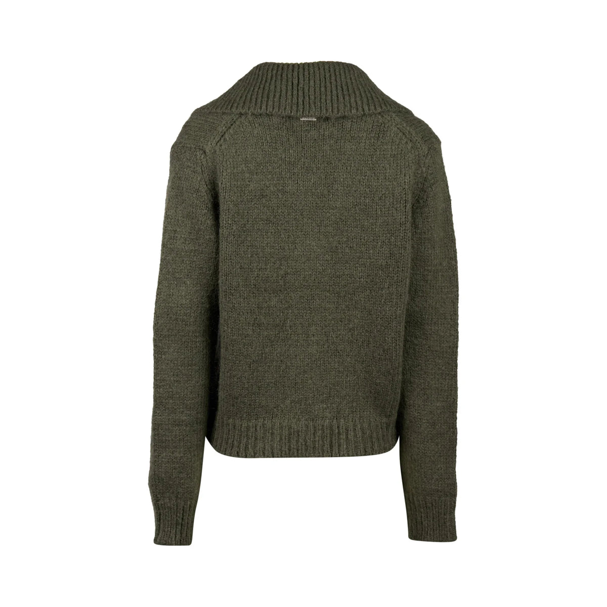 Back view of olive green knit cardigan with ribbed collar and hem on white background