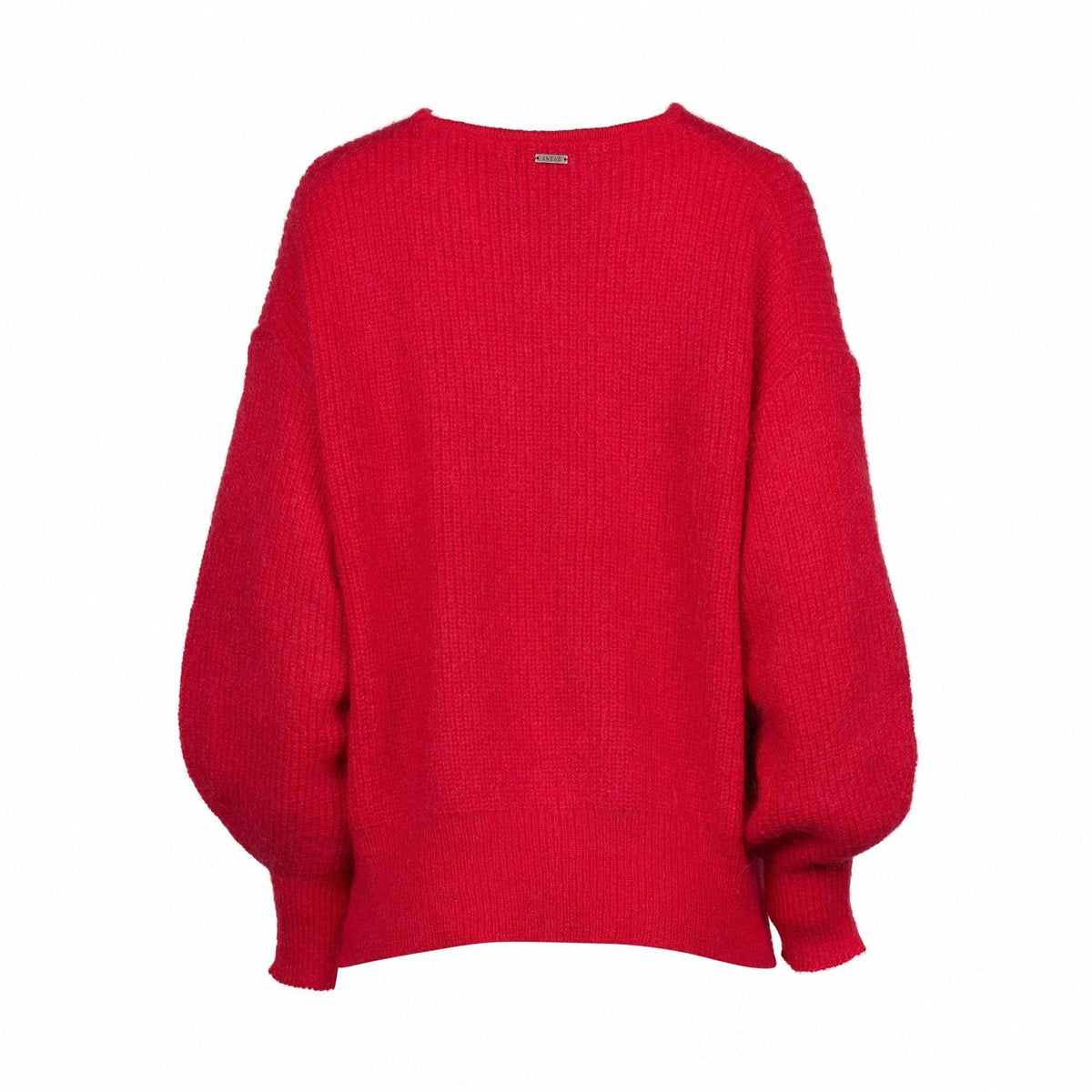 Back view of a vibrant red oversized knit sweater with balloon sleeves on a white background