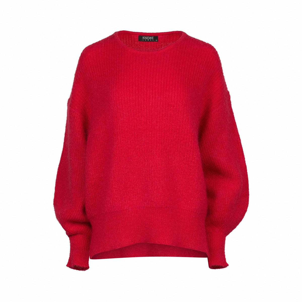 Women's oversized red knit sweater with drop shoulders on white background