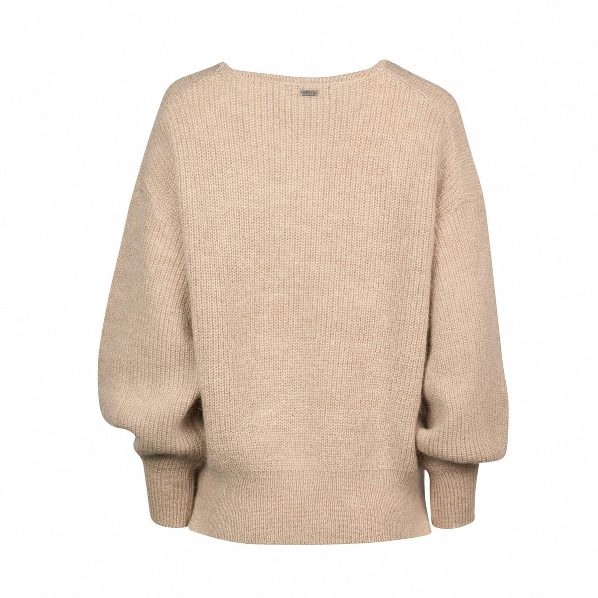 Back view of oatmeal knitted sweater with relaxed fit and ribbed cuffs, contemporary knitwear