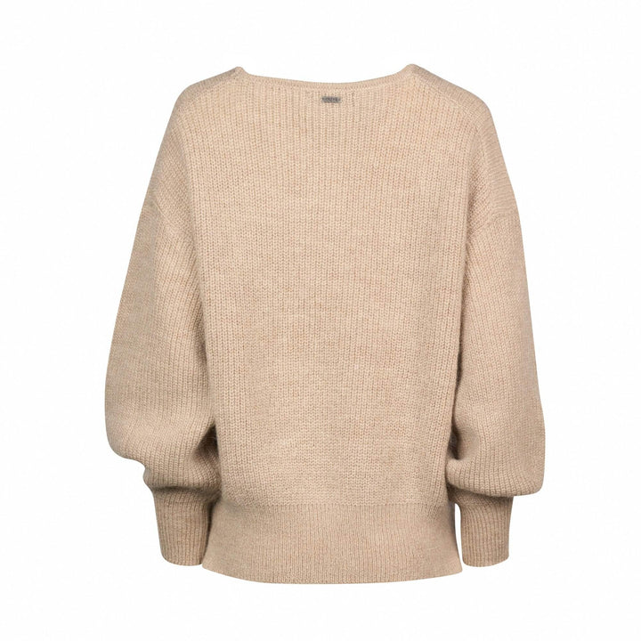 Back view of oatmeal knitted sweater with relaxed fit and ribbed cuffs, contemporary knitwear