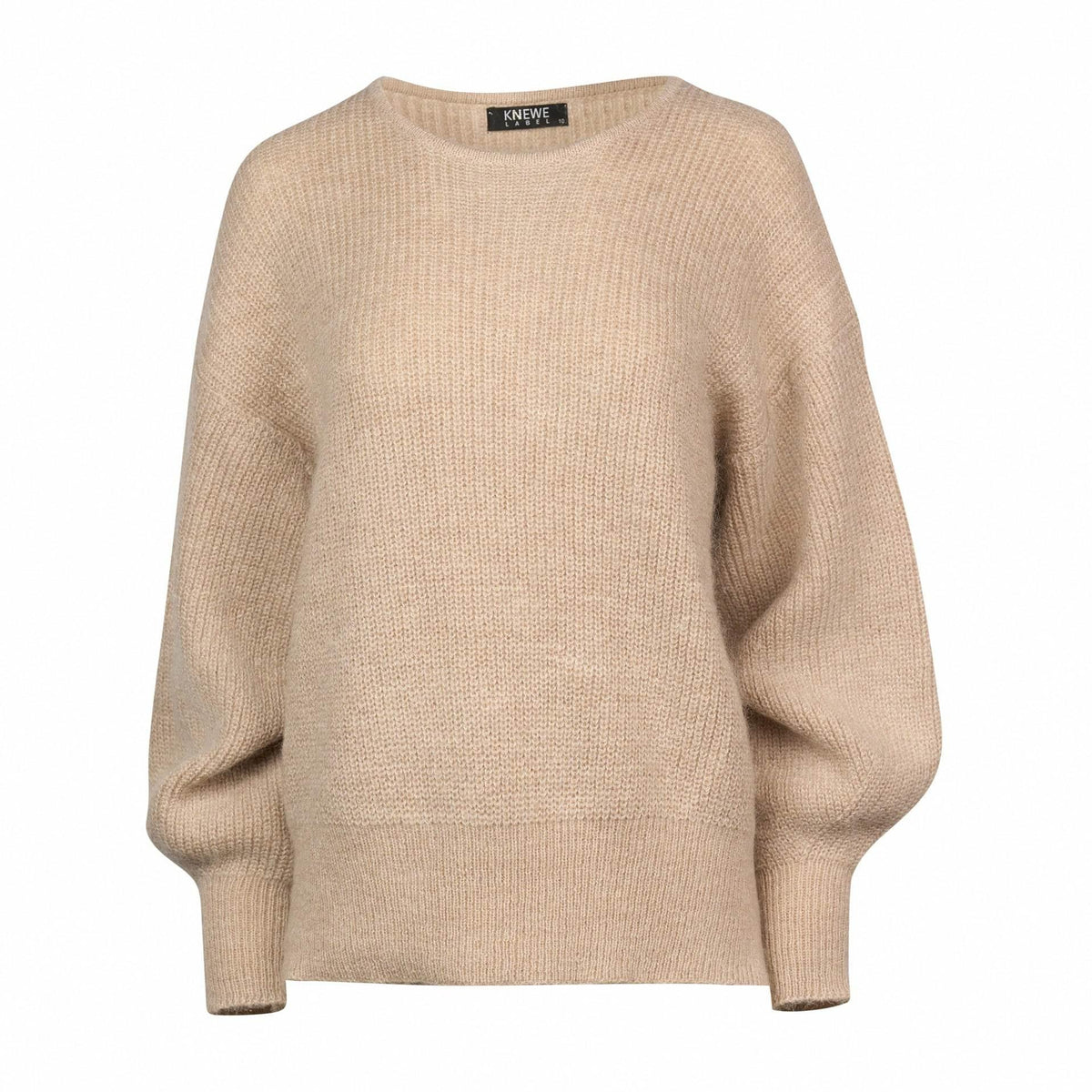 Oatmeal knit sweater with relaxed fit and ribbed cuffs, long balloon sleeves, front view