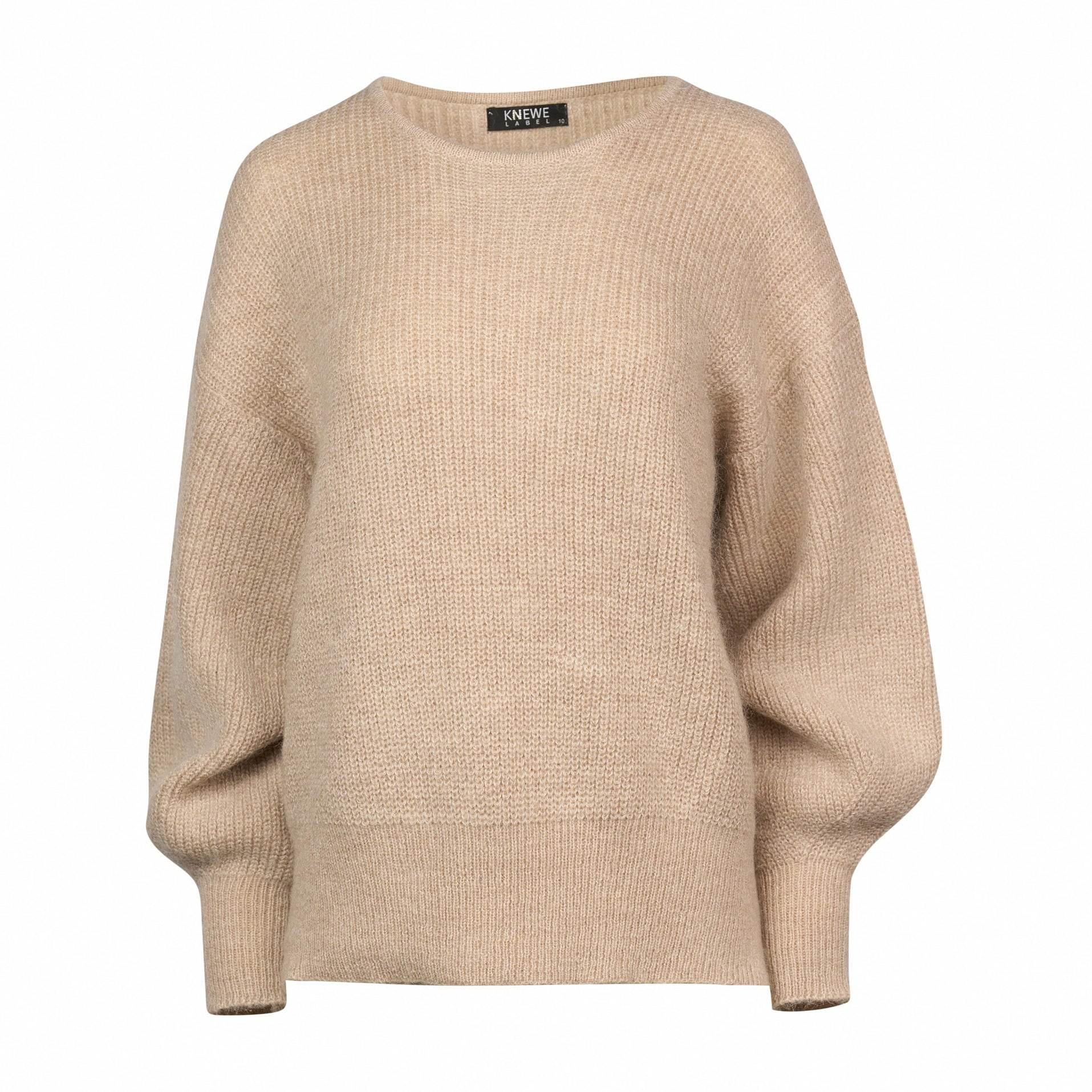 Oatmeal knit sweater with relaxed fit and ribbed cuffs, long balloon sleeves, front view