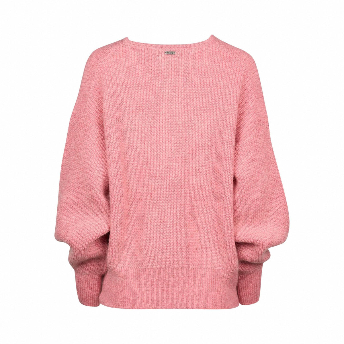 Back view of a relaxed fit pink knit sweater with long sleeves and ribbed hem.