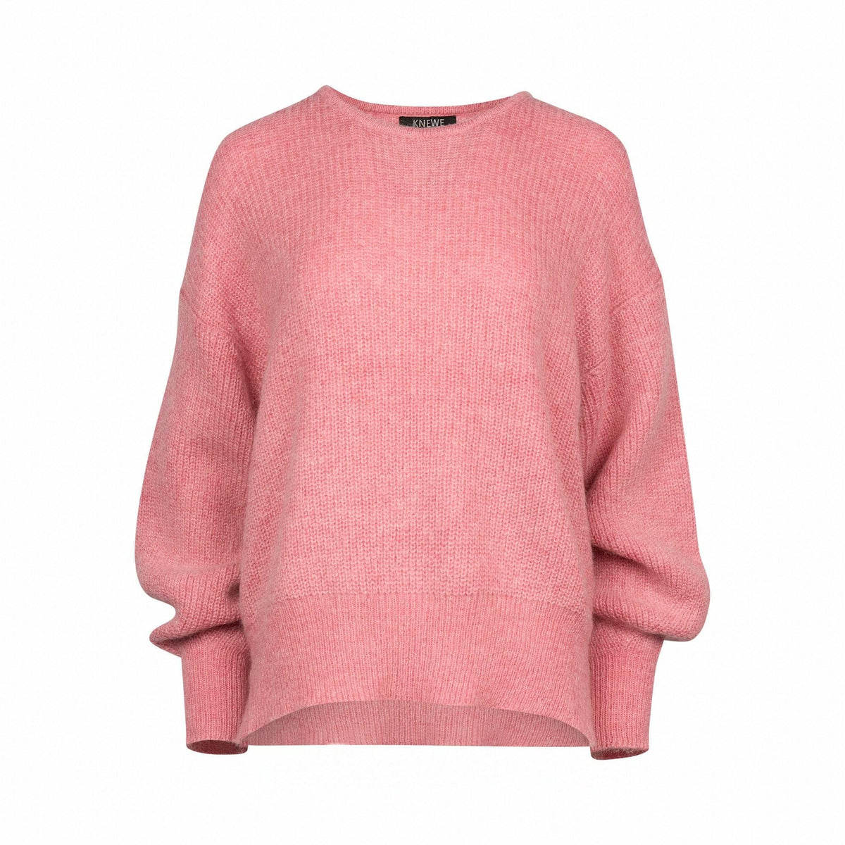 Soft pink knit sweater with crew neck and relaxed fit, long sleeves, on white background