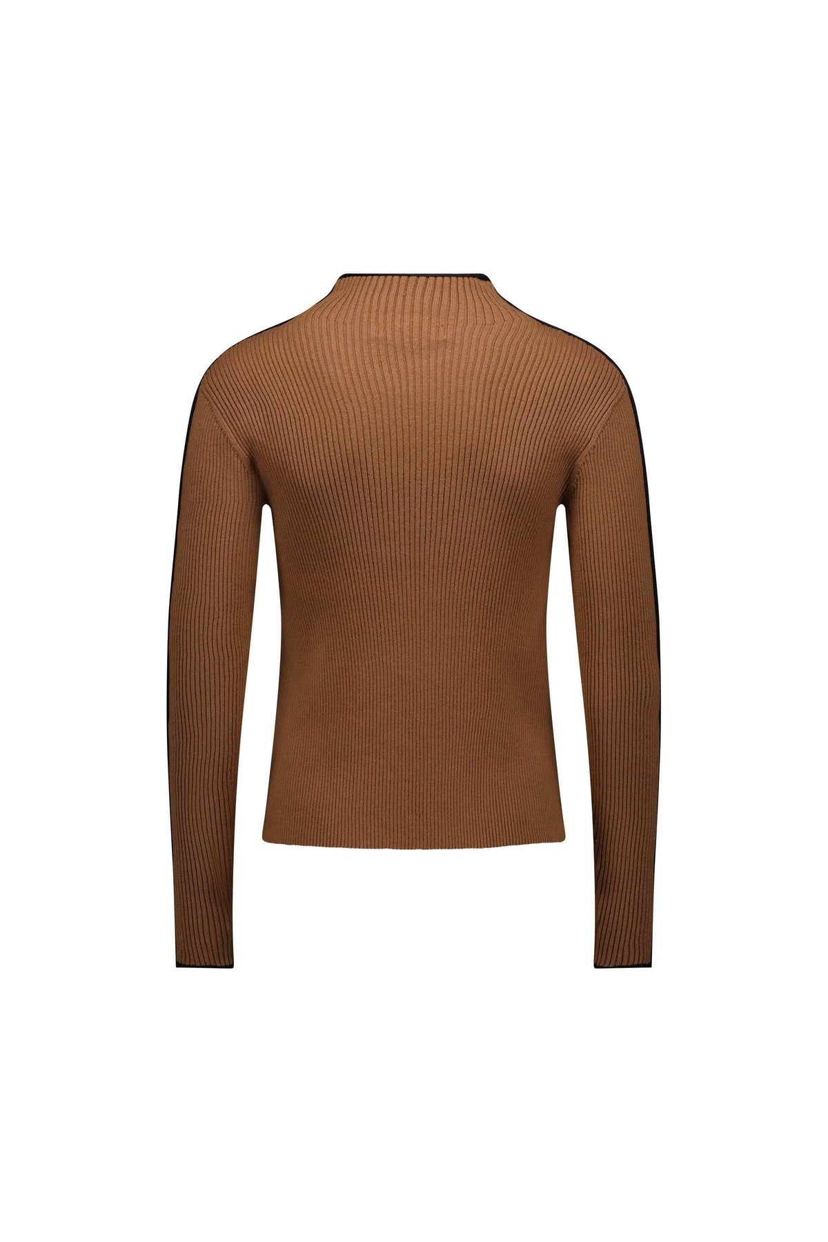 Brown ribbed knit sweater with black trim, back view, stylish contemporary fashion