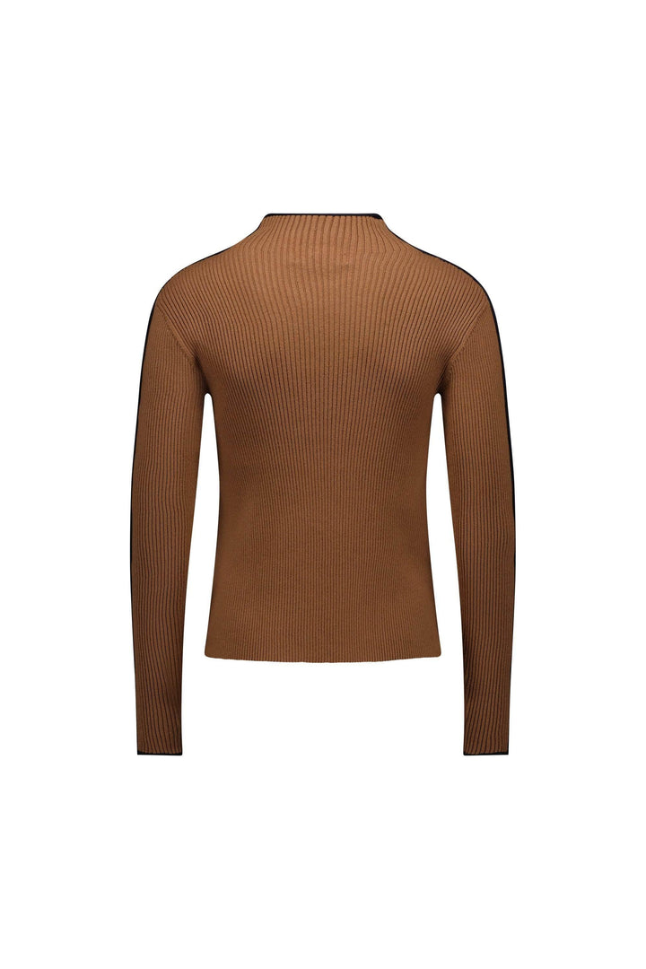 Brown ribbed knit sweater with black trim, back view, stylish contemporary fashion