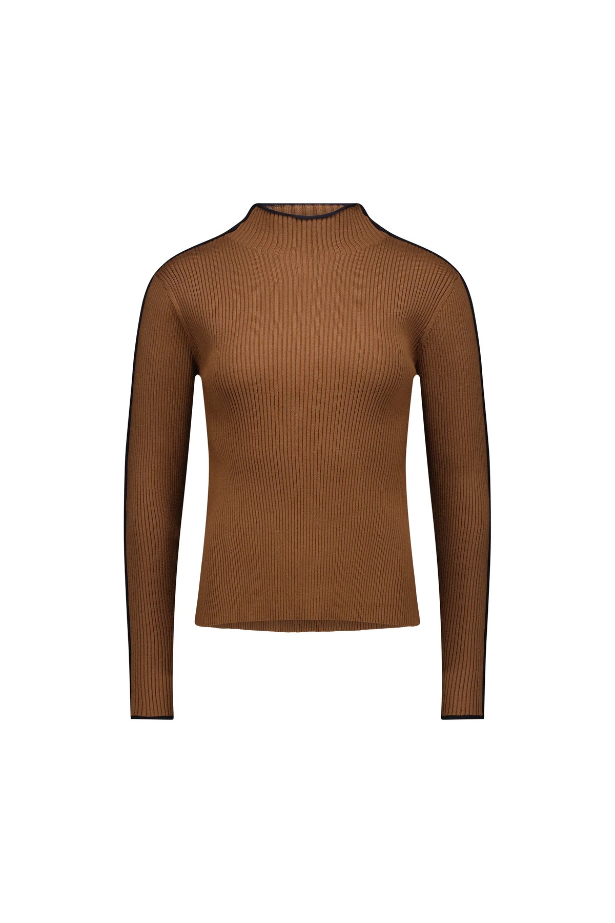 Brown ribbed knit long-sleeve top with black trim, stylish and chic for everyday wear