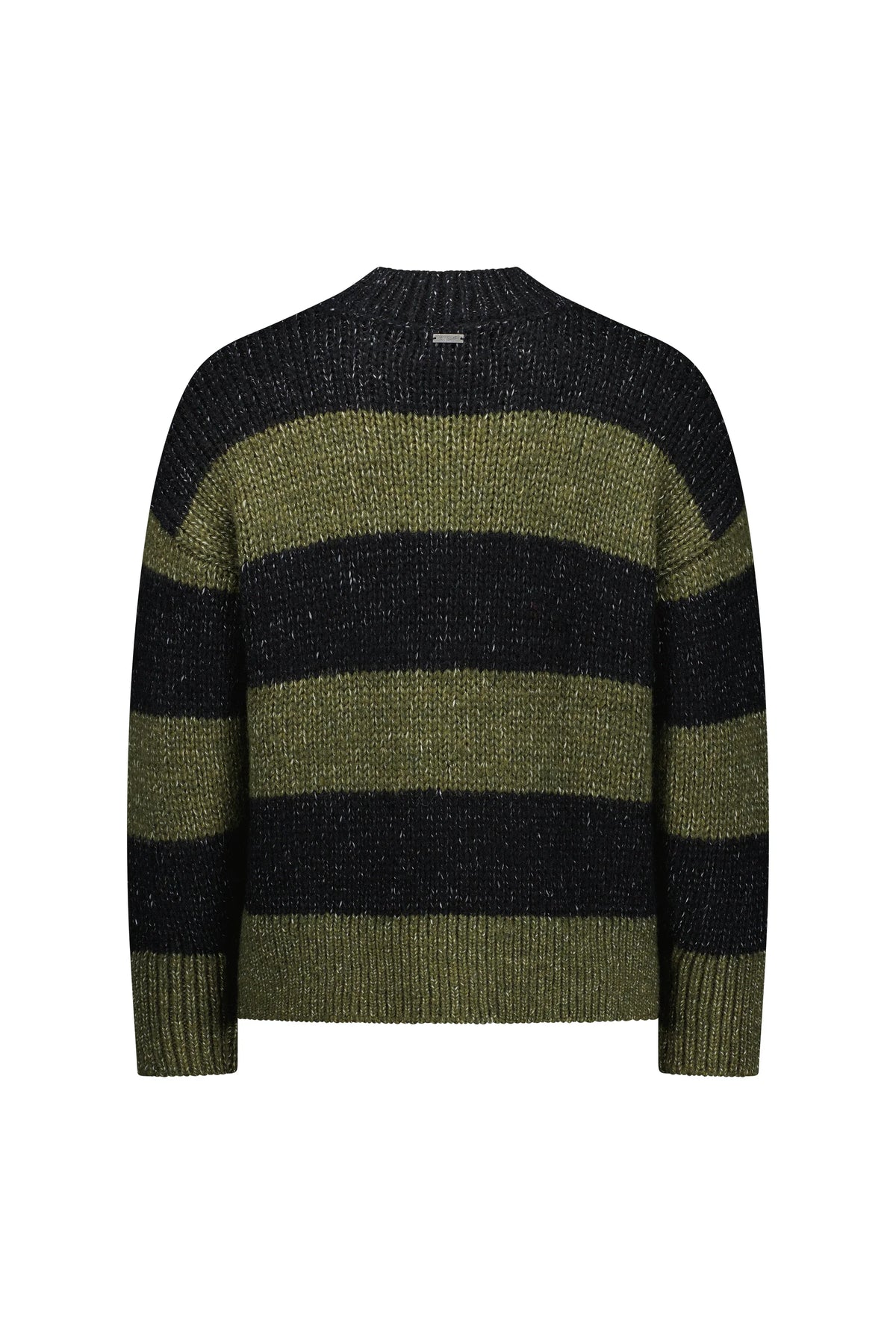 Khaki and black striped knit sweater, long sleeves, back view on white background