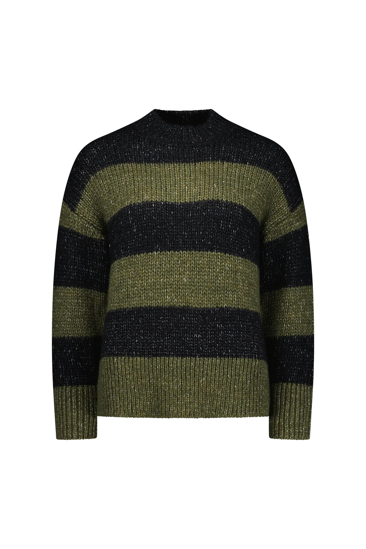 Khaki and black striped knit sweater with long sleeves and crew neckline, front view