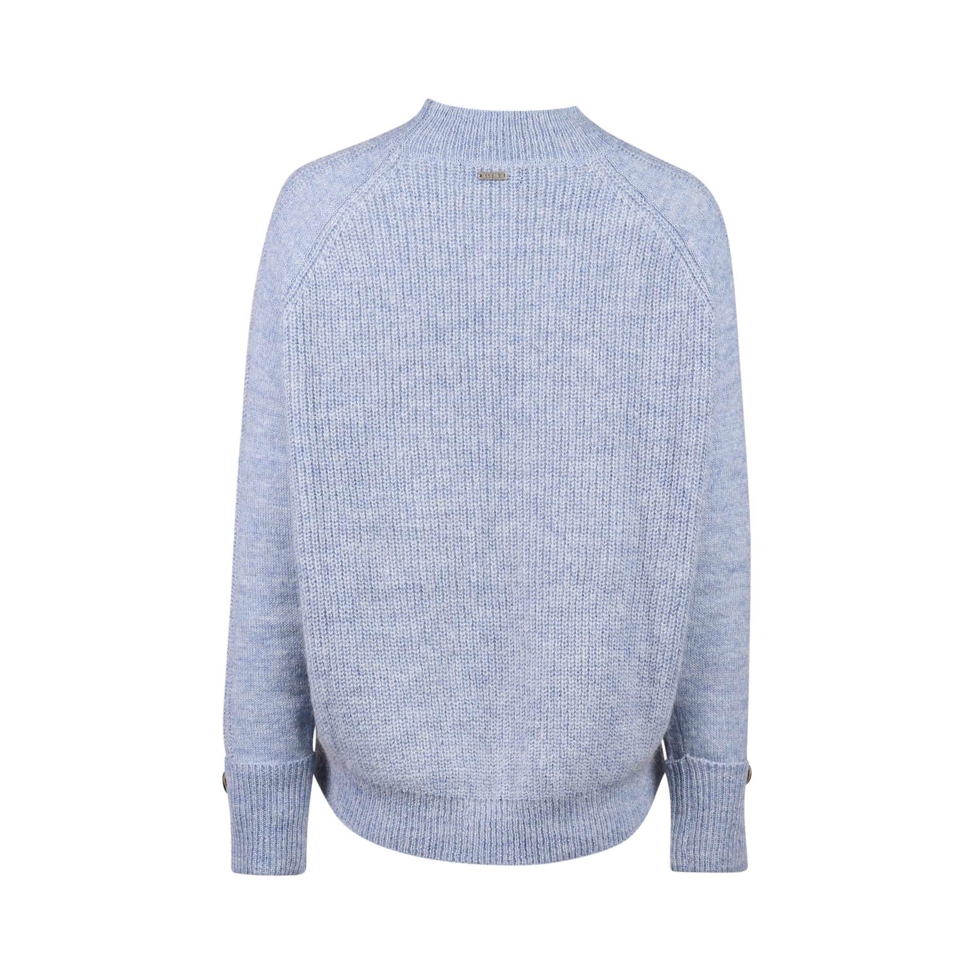 Back view of light blue knitted sweater with ribbed cuffs and hem