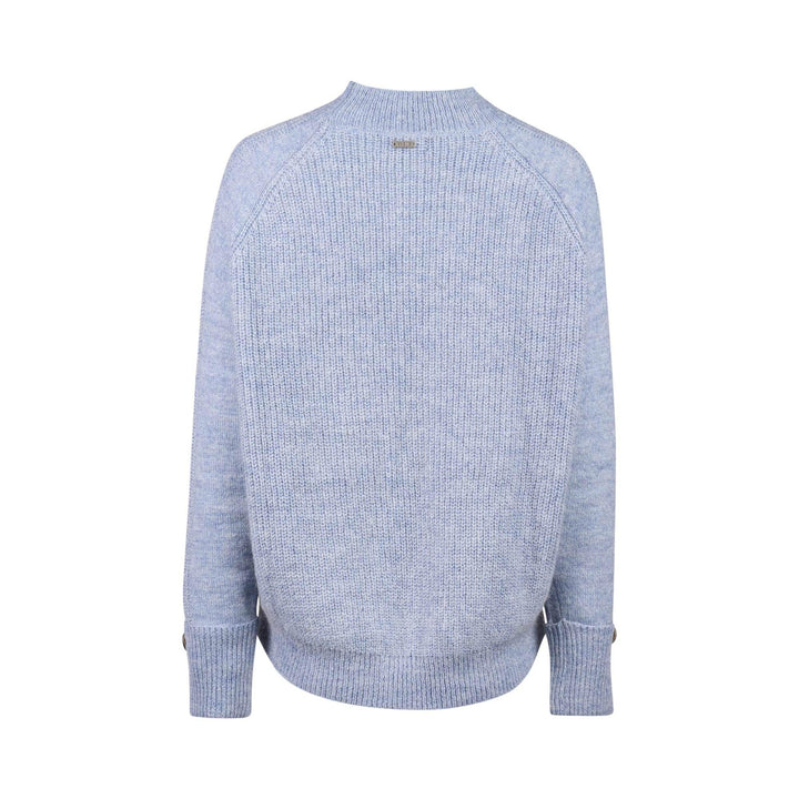 Back view of light blue knitted sweater with ribbed cuffs and hem