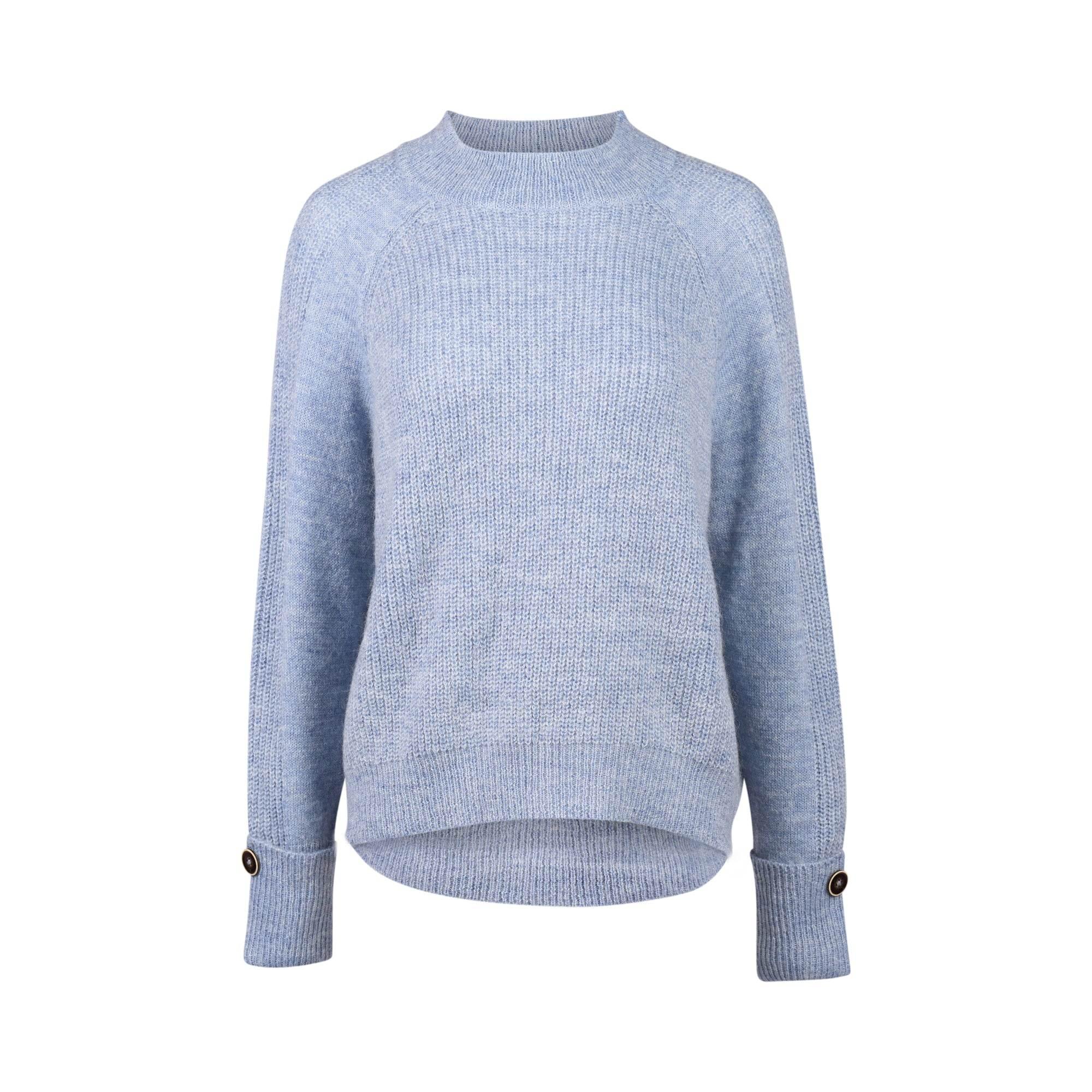 Sky blue knit sweater with ribbed crew neck, long sleeves, buttoned cuffs, and relaxed fit