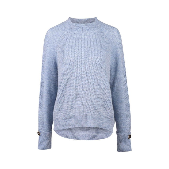 Sky blue knit sweater with ribbed crew neck, long sleeves, buttoned cuffs, and relaxed fit